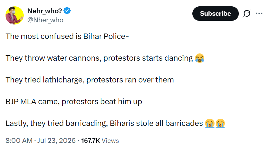 BiharHArchive's tweet photo. Case ID: BHA-2026-0723-085

Platform: X

Elsewhere in India, crossing barricades is called breaching... But when it happens in Bihar, anti Biharis twist it into “stealing” and weaponise it to insult an entire state and its gullible youth.

POI: @Nher_who  (WB)

@bihar_police https://t.co/Mlj54GzGIz