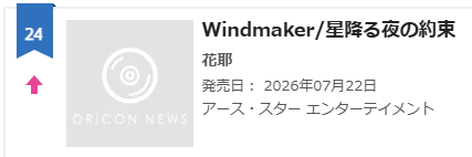 Adenosine3ring's tweet photo. オリコン デイリー シングル ランキング 2026年07月22日付 
24位 おめでとう🎉
でも なんで ジャケット写真が無いんやろ？
#花耶 #kaya #星降る夜の約束 #Windmaker https://t.co/LEXXoD6GA1