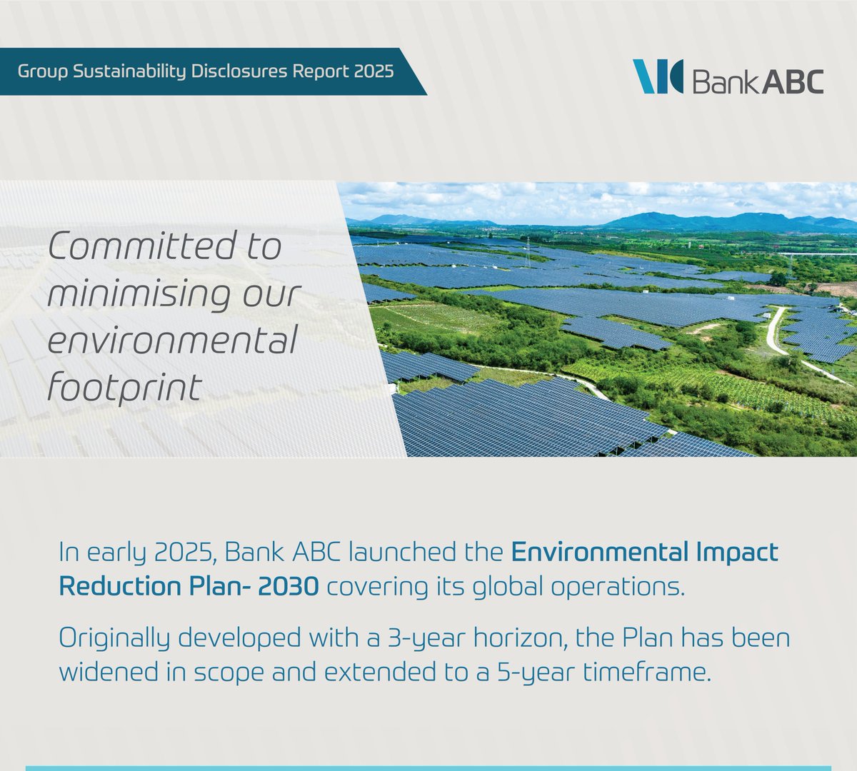 BankABC_News's tweet photo. Committed to minimising our environmental footprint.

In 2025, Bank ABC rolled out its Environmental Impact Reduction Plan 2030, delivering meaningful progress across its global operations. We achieved a 12% reduction in Scope 1, 2 and 3 emissions, reduced energy consumption by 6%, and increased our use of renewable energy to 29%, up from 20% in 2024.

By embedding sustainability into how we operate and strengthening visibility across our supply chain, we are taking tangible steps towards a more efficient, resilient, and low carbon future.

Learn more in our 2025 Group Sustainability Disclosures Report: https://t.co/I4hqNWlFKs

#Sustainability #BankABC #ESG #ClimateAction #LowCarbonFuture
