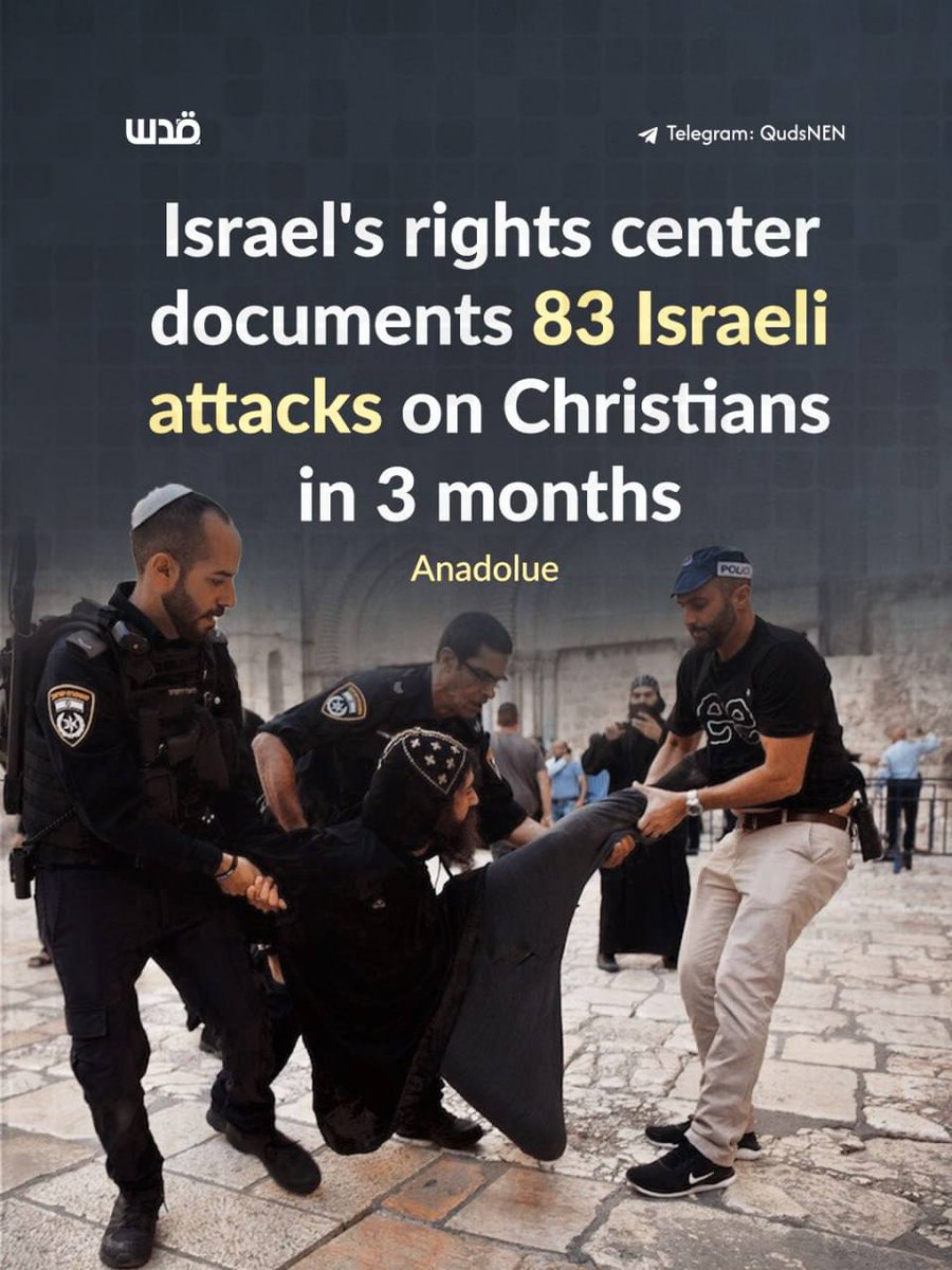 a_amayreh's tweet photo. 🟡 Israel’s Religious Freedom Data Center (RFDC) documented 83 Israeli attacks on Christians between April and June across the occupied territories, with most attacks occurring in occupied Jerusalem.

According to the report, many of the attacks took place in the Old City and included harassment such as spitting, verbal abuse, and physical assaults, including an attack on a nun and restrictions on Christian religious figures during important religious celebrations.

Such attacks increased in recent years, especially during events like Jerusalem Day and the Flag March, and often occur openly in public spaces. 

The center warn of worsening conditions for Christians and call for greater protection of religious freedoms and adherence to international law.