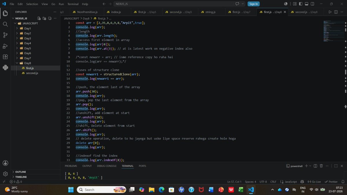 ArpitKumar4527's tweet photo. Day 39 of my Web Development Journey 🚀
Today I learned JavaScript Arrays and explored how to store, access, and work with collections of data. 📦⚡

COMPLETED Lecture 8:✅

#JavaScript #WebDevelopment #100DaysOfCode #Coding https://t.co/icL2ys3kS6