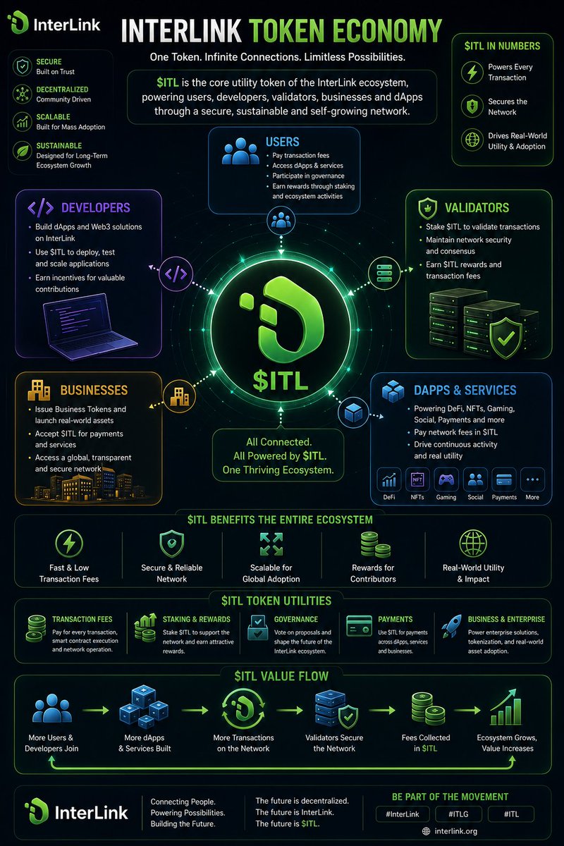 Pavananamdevula's tweet photo. The InterLink Token Economy is powered by $ITL, connecting users, developers, validators, businesses, and dApps through a unified blockchain ecosystem.#ITLG #ITLX #ITL #Interlink #Interlink2026 #InterlinkAmbassador
@kv_interlink @reina_itl @inter_link @itlx_defi @drpnarsimha https://t.co/N9OoIbZO1u