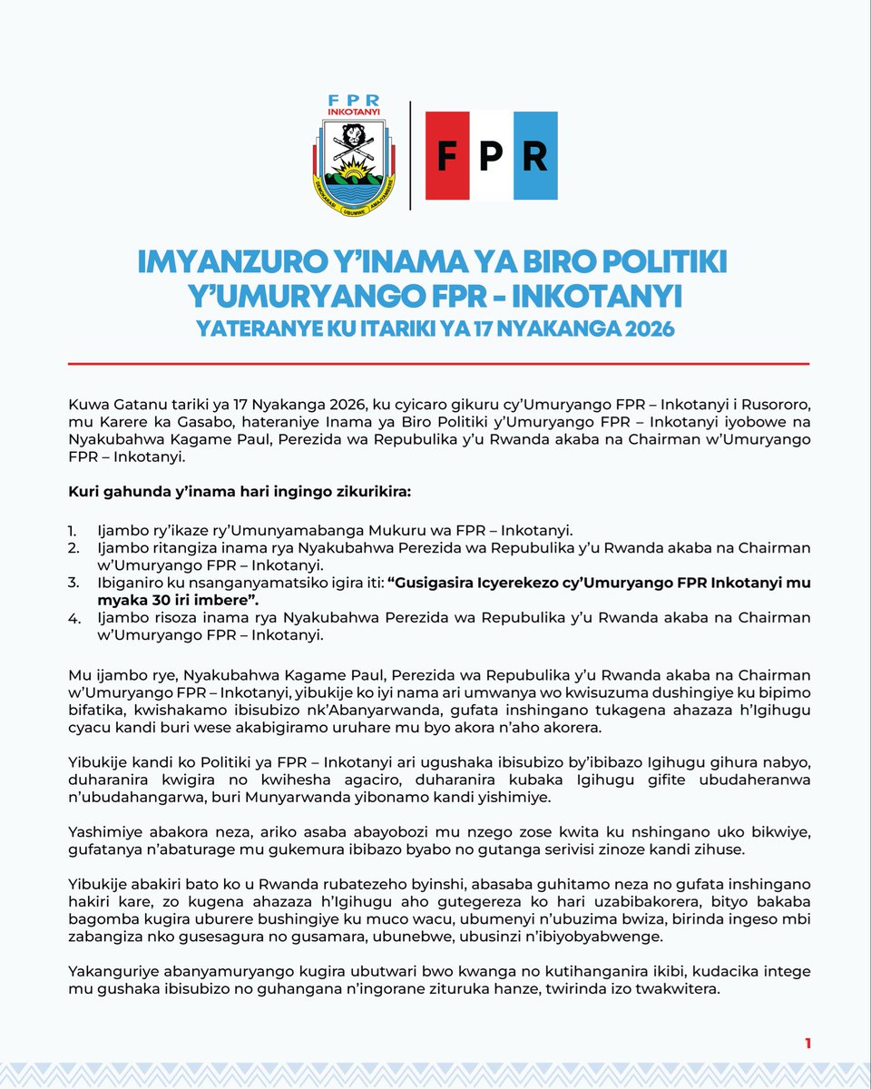 rpfinkotanyi's tweet photo. Imyanzuro y’Inama ya Biro Politiki y’Umuryango FPR - Inkotanyi yateranye tariki 17 Nyakanga 2026. https://t.co/2M1eywunr8 https://t.co/8hZglBYajj
