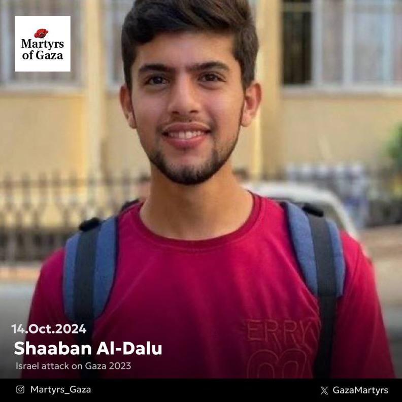GazaMartyrs's tweet photo. Do you remember Shaaban El-Dalu? 

The 20-year-old kind man who had been displaced to Al-Aqsa Martyrs Hospital, where israel burned him alive in his tent on Oct 14, 2024. https://t.co/130qY1tceT