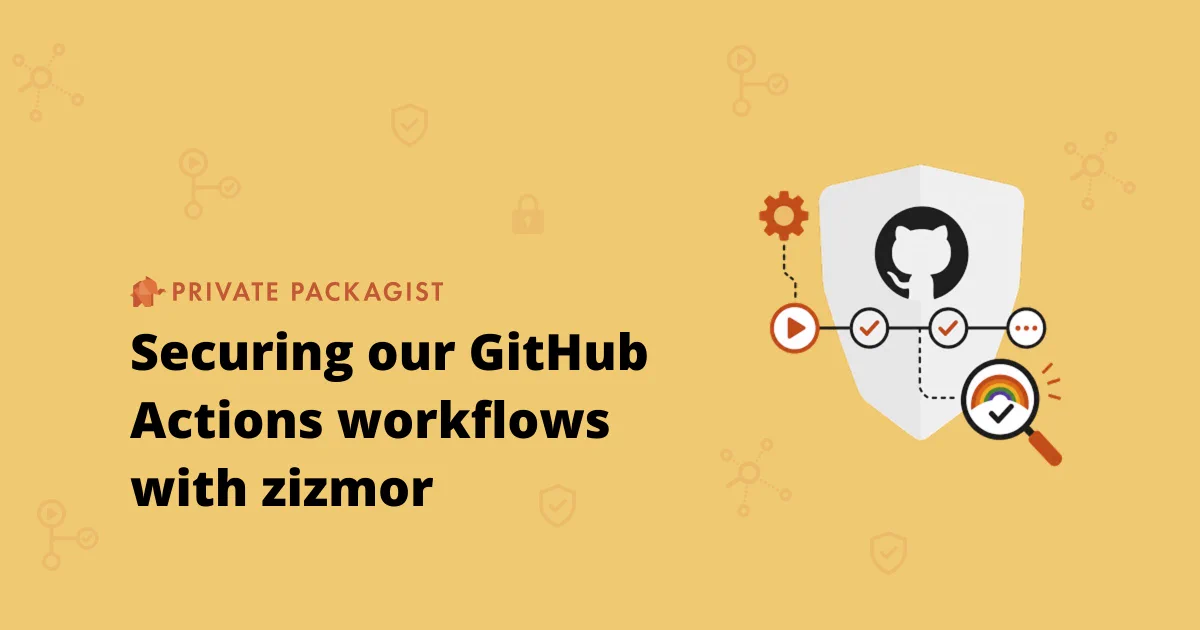 Text: Securing our GitHub Actions workflows with zizmor - Private Packagist

Visualization: GitHub shield graphic, with icons representing security, workflows, and analysis using the tool Zizmor.