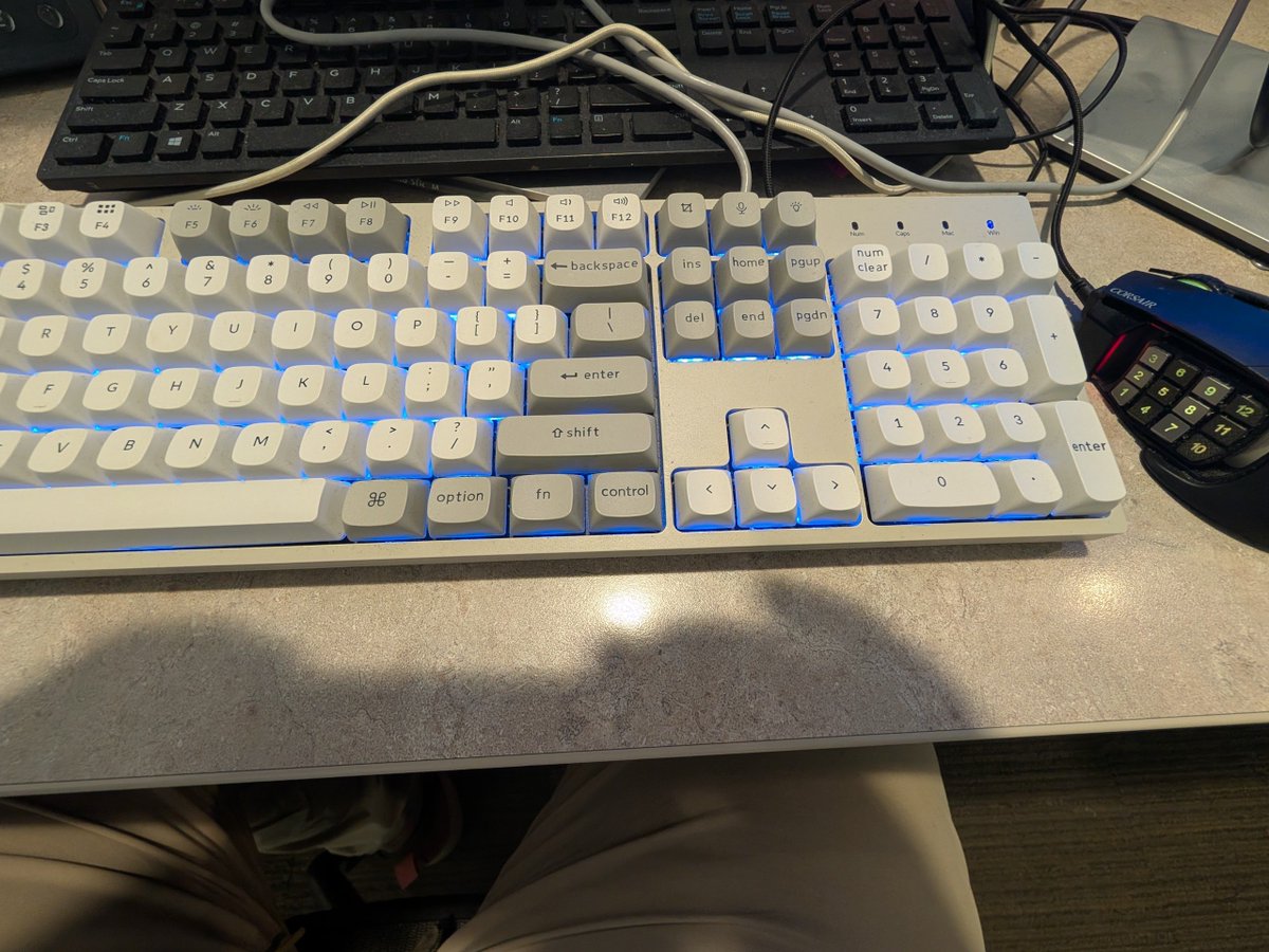 DragonJerks's tweet photo. Swapped my office equipment with a Corsair Scimitar and a Keychron C2 Pro.

Admittedly I had to swap the switches to something quieter. 

IT hasn't yelled at me yet so it's staying. https://t.co/A1RvrdIIVt