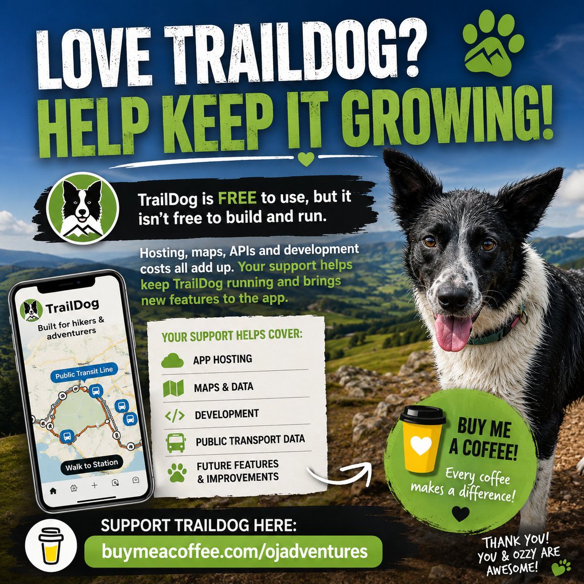 OJAdventuresYT's tweet photo. TrailDog is free to use, but it isn't free to build or maintain! Every update, map, API and new feature comes with ongoing costs.
If you'd like to help support future development, you can buy me a coffee here:
https://t.co/6arW2JPAH5
#TrailDog #IndieDev https://t.co/25YyuoK568