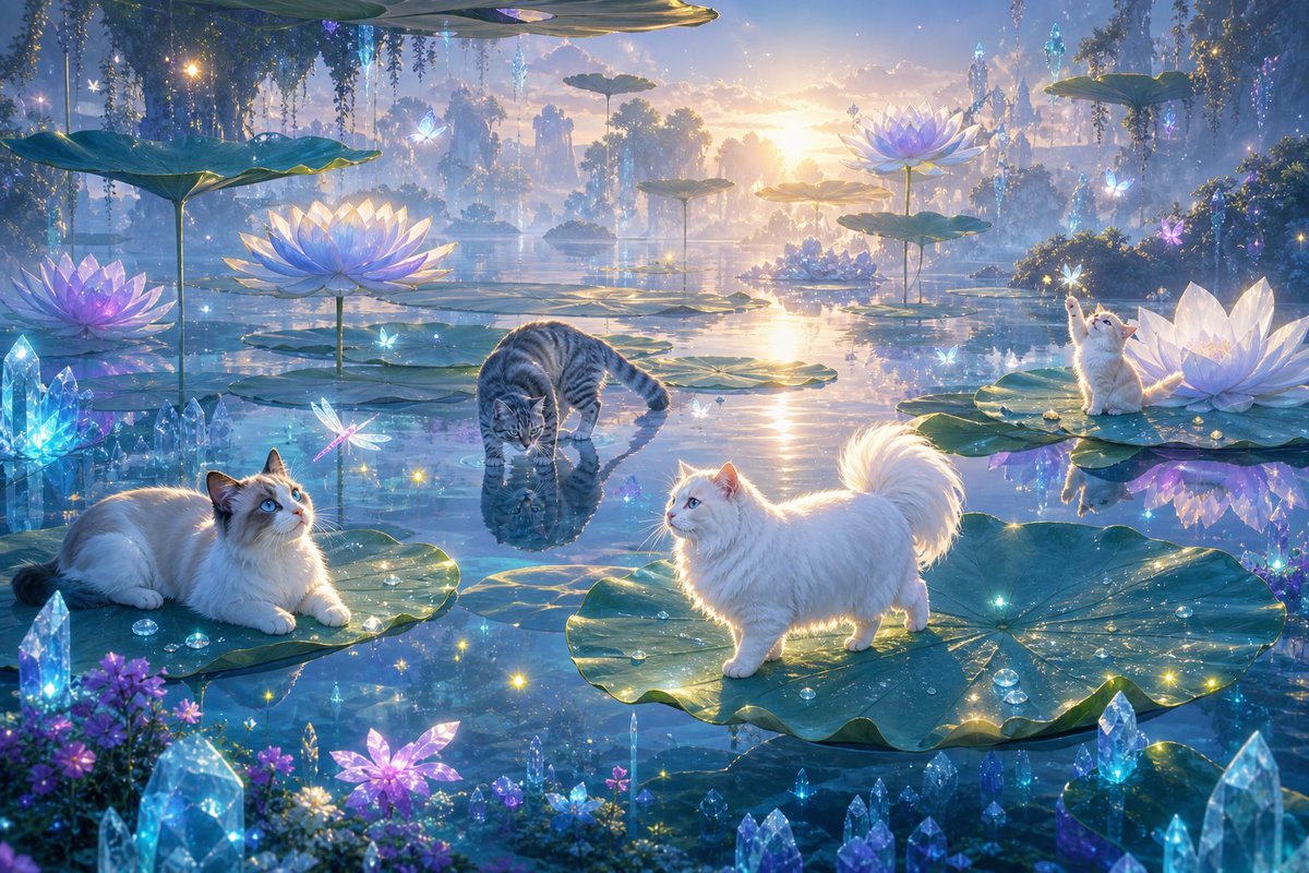 nebulanap_nagi's tweet photo. おはようございます！
朝の光に包まれた幻想的な蓮の湖へようこそ🌿✨
大きな蓮の葉の上や水面で、猫たちが気持ちよさそうに朝のお散歩を楽しんでいます🐾
透明感あふれる涼やかな世界で、今日も素敵な一日になりますように♪
#FloatingLotus #FantasyArt #AnimeAesthetic #MorningVibes https://t.co/taZafUxAKt
