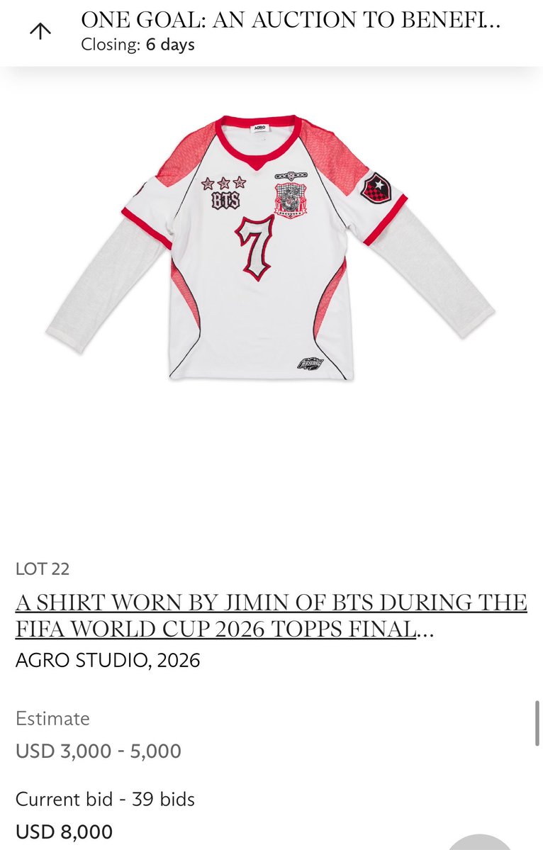 btschartsxdaily's tweet photo. [INFO] The clothes #BTS wore in the World Cup final are now for auction! 

All proceeds will go to the "FIFA Global Citizen Education Fund," which supports education and sports participation for children in underprivileged areas. The goal is to raise $100 million!

— The current bids are now on the auction website, and anyone from around the world can bid on BTS’ clothes!
https://t.co/sZTYOzf4bO