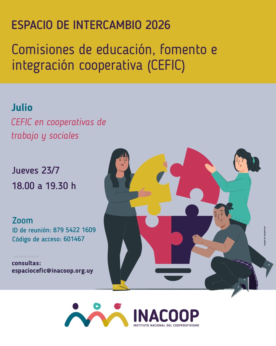 inacoop's tweet photo. 📣Hoy 🫱🏻‍🫲🏽Espacio de intercambio sobre las Comisiones de Educación, Fomento e Integración Cooperativa (CEFIC)
🗣️ Encuentros abiertos a cooperativistas y asesores de cooperativas.
📝Tema de julio: CEFIC en cooperativas de trabajo y sociales
🗓️ jueves 23/7 ⏰ 18 a 19.30 h
💻Modalidad: Zoom (sin inscripción ni continuidad requerida)
🔗Acceso a la reunión:
🆔ID: 879 5422 1609
🔑Código: 601467
📩Consultas: espaciocefic@inacoop.org.uy