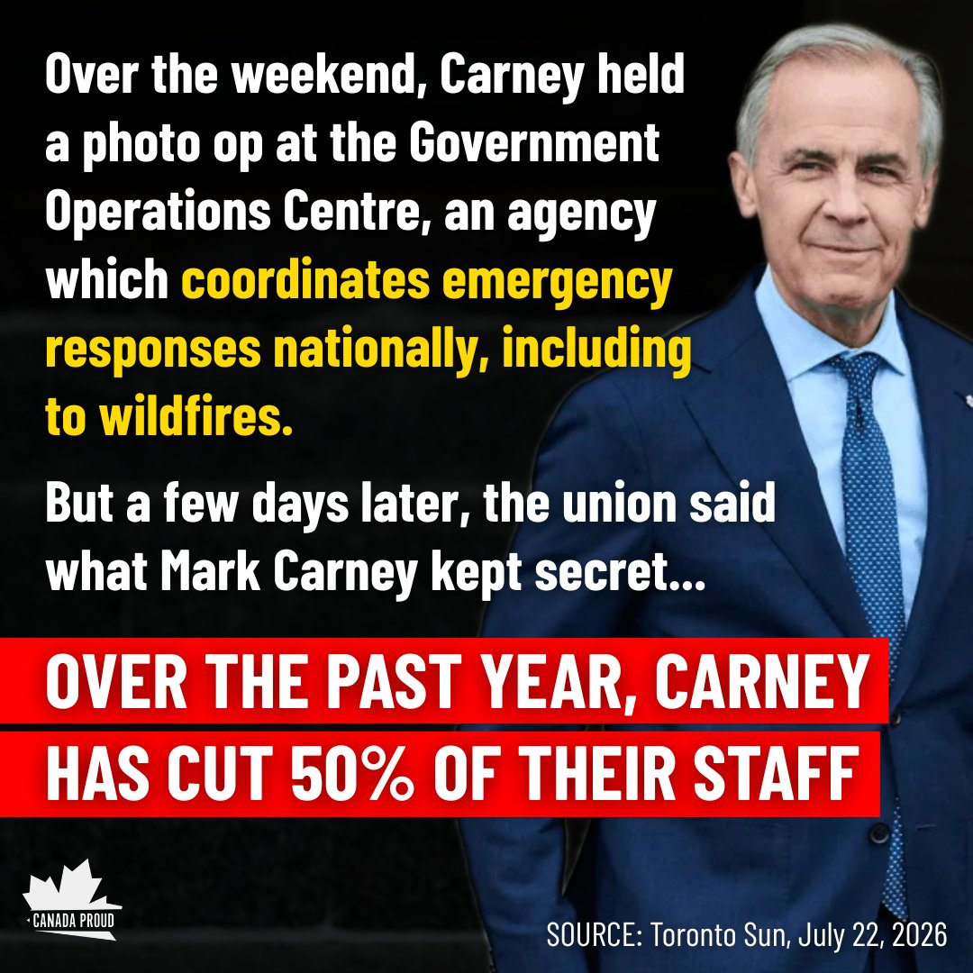 WeAreCanProud's tweet photo. Mark Carney is taking photos with wildfire response coordinators to make it look like he's helping.

Meanwhile, in reality, he's cutting their staff. https://t.co/kjsIi9jPWo
