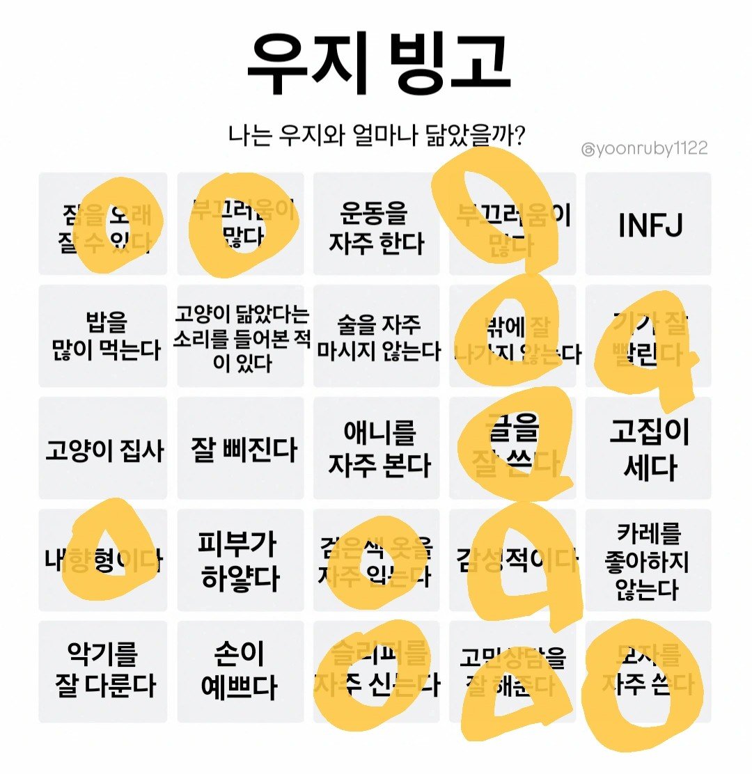 yoonruby1122's tweet photo. 우지 빙고 만들었습니다
저는 한줄 성공함 https://t.co/EcmyN0npmZ