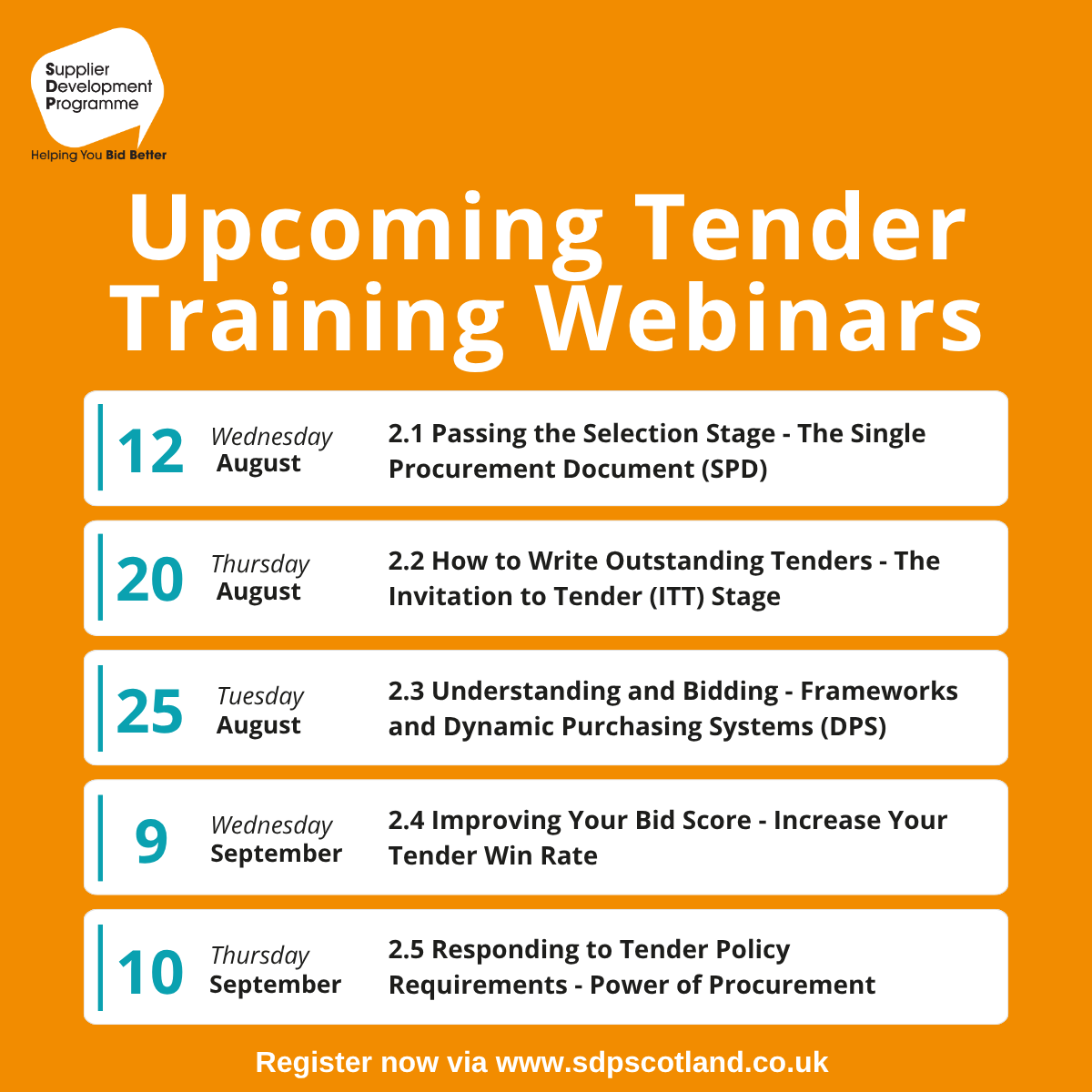 sdpscotland's tweet photo. Our Level 2 tender training courses are back! This is for Scottish SMEs and TSOs with some experience of tendering, that would like to become more proficient.
Join us for the first webinar, on 12 August at 2pm, to learn how to pass the Selection Stage: https://t.co/UDEIEDjODe https://t.co/ybDiLtKLGd