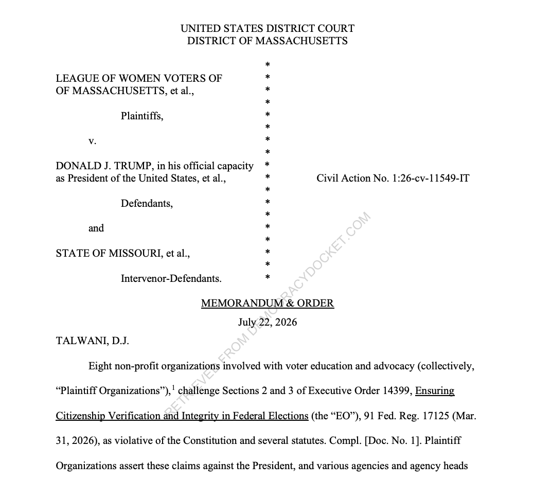 DemocracyDocket's tweet photo. UPDATE: In a win for voters, a federal court denied the Trump administration's request to dismiss a pro-voting lawsuit challenging his anti-mail voting executive order.

The judge ruled the pro-voting group, who argues the order violates the U.S. Constitution and federal voting laws, has standing.