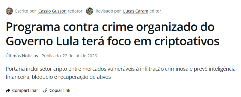 caueconomy's tweet photo. O governo brasileiro decidiu que sua carteira de bitcoin merece o mesmo nível de vigilância que patrimônio de facção criminosa. 

E chamou isso de combate ao crime organizado.

A nova portaria do Ministério da Justiça classifica criptoativo como setor vulnerável à infiltração criminosa, junto com imóvel e carro de luxo. 

Promete ampliar rastreamento de fluxo, inteligência financeira e bloqueio de ativo.
