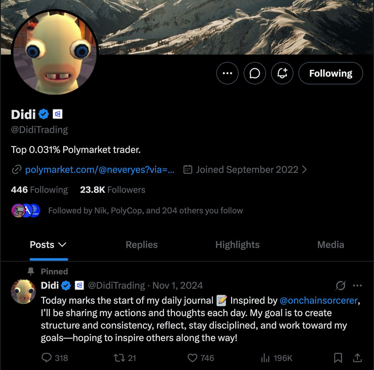 nursexxl's tweet photo. .@DidiTrading is the best example of how you can grow your personal brand by just doing your things

This guy has been consistently publishing content for 568 days and has grown his X in a fully native way to 23k followers

His strategy for growth is just one post per day about the things he is actually working on