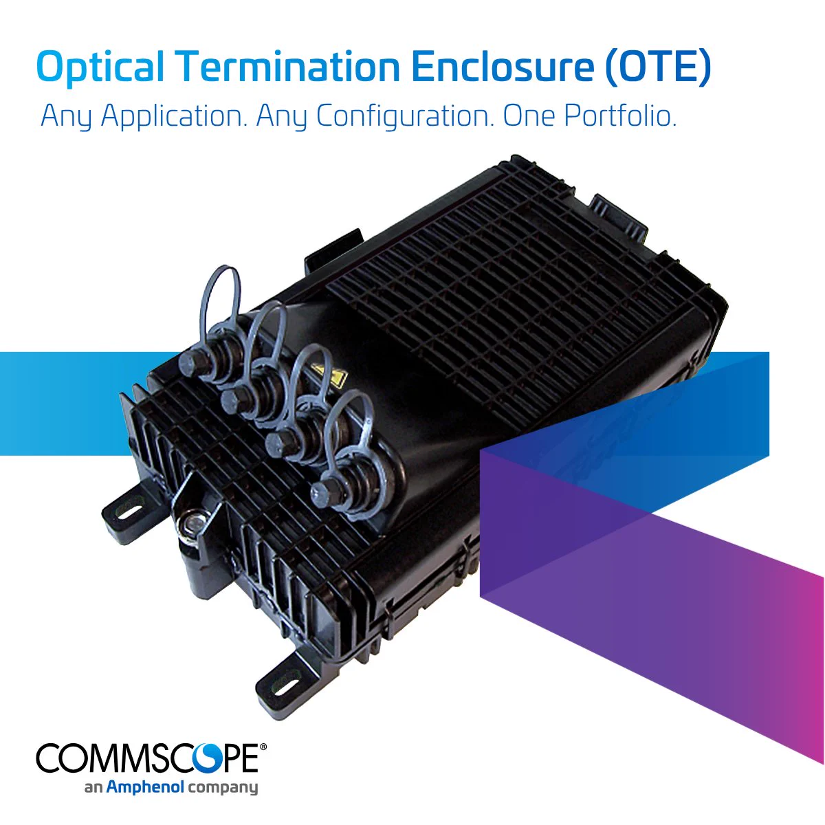 Black Optical Termination Enclosure with multiple fiber optic cable ports and protective loops, designed for versatile telecom applications.