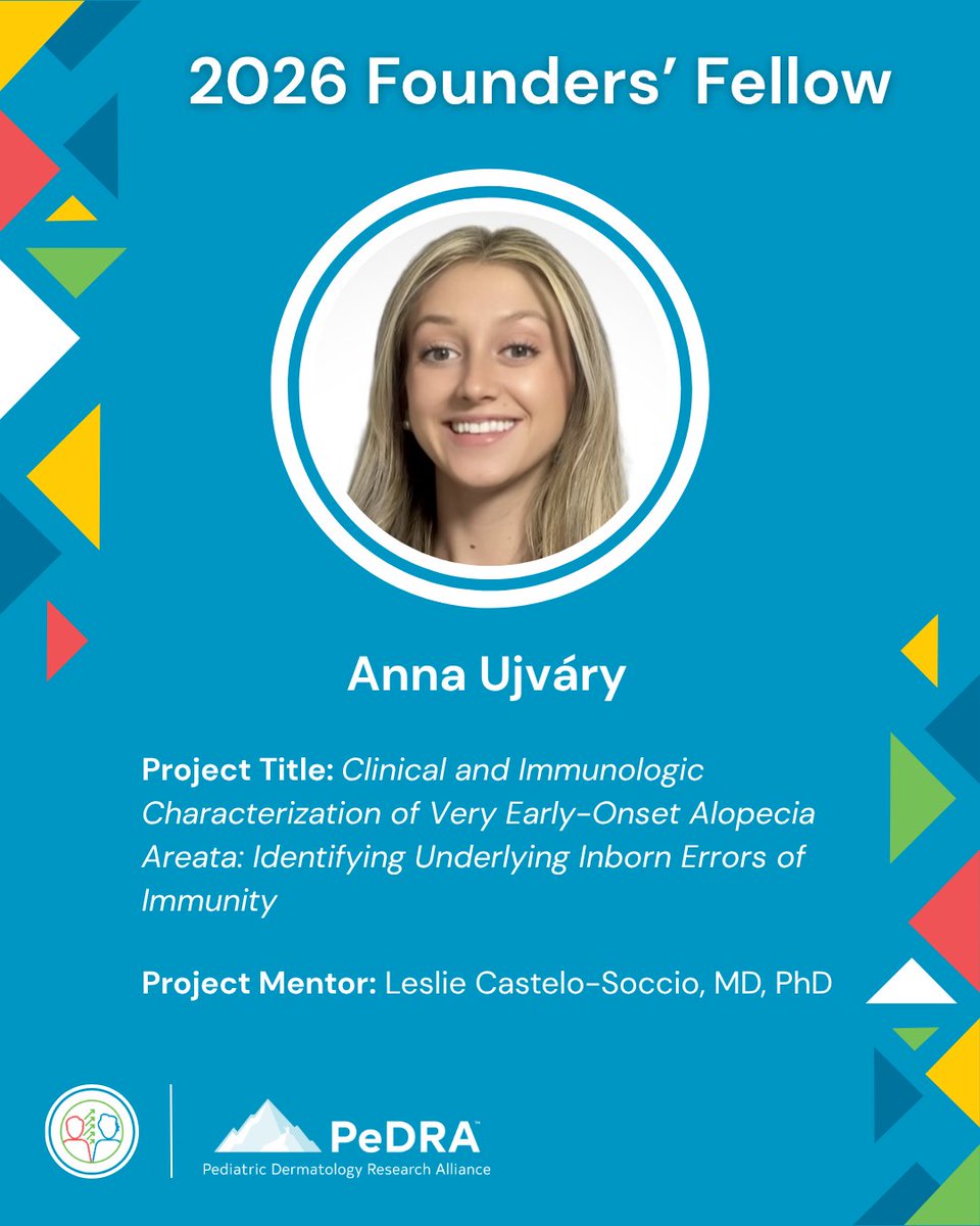 PeDRAResearch's tweet photo. 🎉 Congratulations to Anna Ujváry for being named the 2026 #PeDRA Founders’ Fellow!

Mentored by Dr. Leslie Castelo-Soccio, Anna's research will focus on pediatric #alopeciaareata, #autoimmune #skindisease, and inborn errors of #immunity: https://t.co/9SjpwAzS9o

#pedraresearch https://t.co/Em5u4rm29w