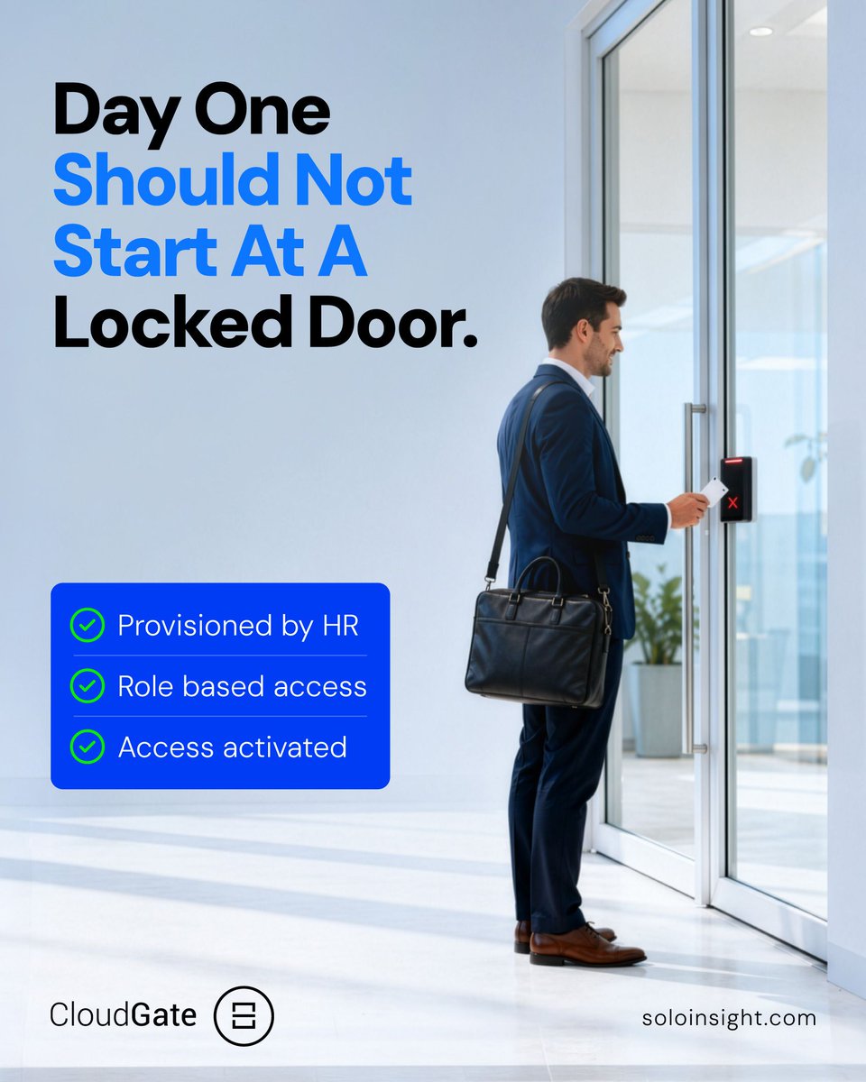 soloinsightinc's tweet photo. A new hire's first impression of security is often a locked door on day one.

The role and start date were known for weeks.

CloudGate provisions the right access from HR data before day one, active when the person is.

#Soloinsight #CloudGate #IdentityLifecycle https://t.co/KOB2LhEboE
