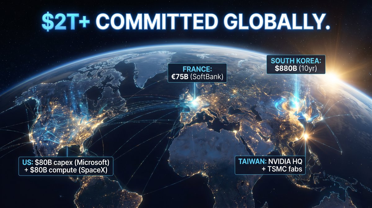 JDSalbego's tweet photo. South Korea just announced an $880 billion 10-year AI investment plan. @Samsung and SK Hynix alone are committing $518 billion for new chip fabrication.

The AI infrastructure race is no longer US vs China. It's US vs China vs South Korea vs the EU vs the Gulf states.

In the last 6 months:

🔵 SoftBank: 75 billion euros in France
🔵 South Korea: $880 billion over 10 years
🔵 @SpaceX: $80 billion in committed compute revenue
🔵 @Microsoft: $80 billion in AI capex for 2026 alone
🔵 @Google: building custom TPU fabs
🔵 @nvidia: new Taiwan HQ for TSMC proximity

The total committed to AI infrastructure globally now exceeds $2 trillion. Not revenue. Infrastructure spend.

The AI supply chain is being built in silicon, concrete, and cooling systems. Software is the layer on top. The physical infrastructure underneath is where the power is concentrating.