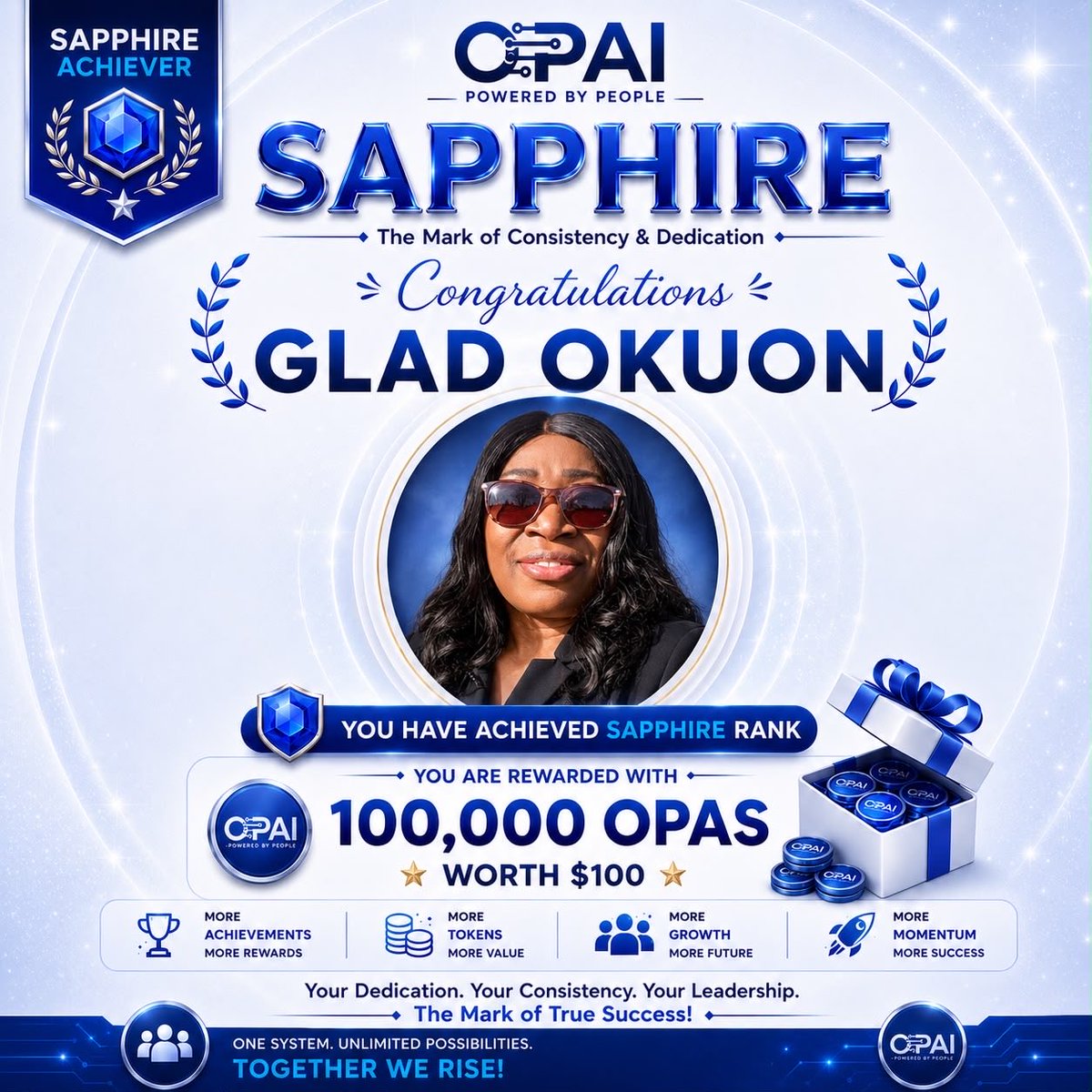 opainetwork's tweet photo. 💎 Congratulations, Glad Okuon!

Sapphire Rank achieved through dedication and consistency. 

The journey to greater success starts now! 🚀💙

#OPAI #SapphireRank #SapphireAchiever  #Congratulations #Leadership #Success https://t.co/fedxhVnA0x