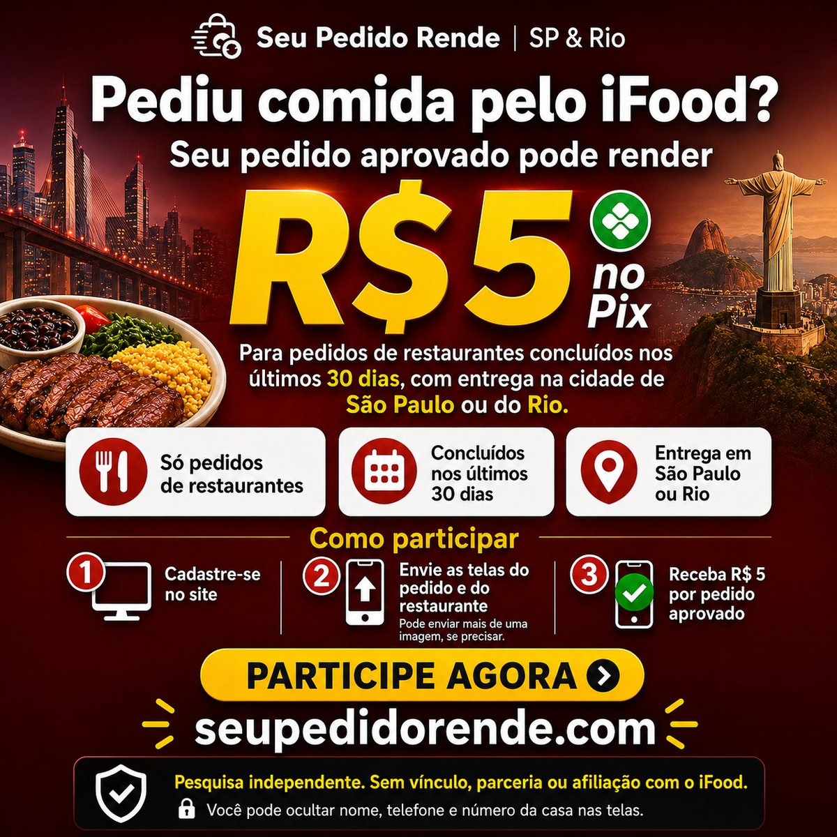 FridoSpik's tweet photo. 🥳Pediu comida pelo iFood nos últimos 30 dias?!
💸Ganhe R$ 5 no Pix por pedido aprovado!
Cadastre-se e envie os prints:
👉 https://t.co/Z2nJWcl3jN
Iniciativa independente, sem vínculo com o iFood. https://t.co/KtxR1mYfc8