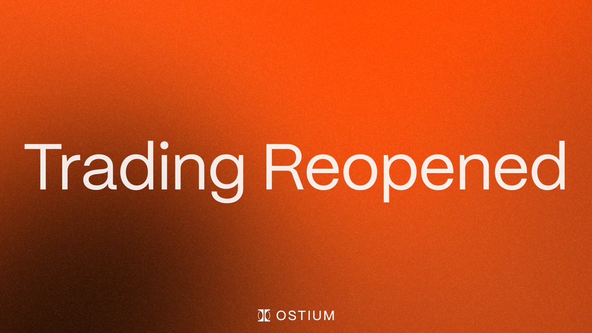 Ostium's tweet photo. Trading is live on Ostium as of 10:00 AM ET, reopening in stages.

At reopen, protective and reduce-only actions come first: closing positions, topping up collateral, updating or cancelling orders, and automated take-profits, stop-losses, and liquidations. 

Opening new positions follows shortly after, once pending orders have cleared. A further update will confirm when full trading is live.

The system executes only on live prices. No position can be filled or liquidated at a price from before the pause.

More updates will come. Trust only official Ostium channels.