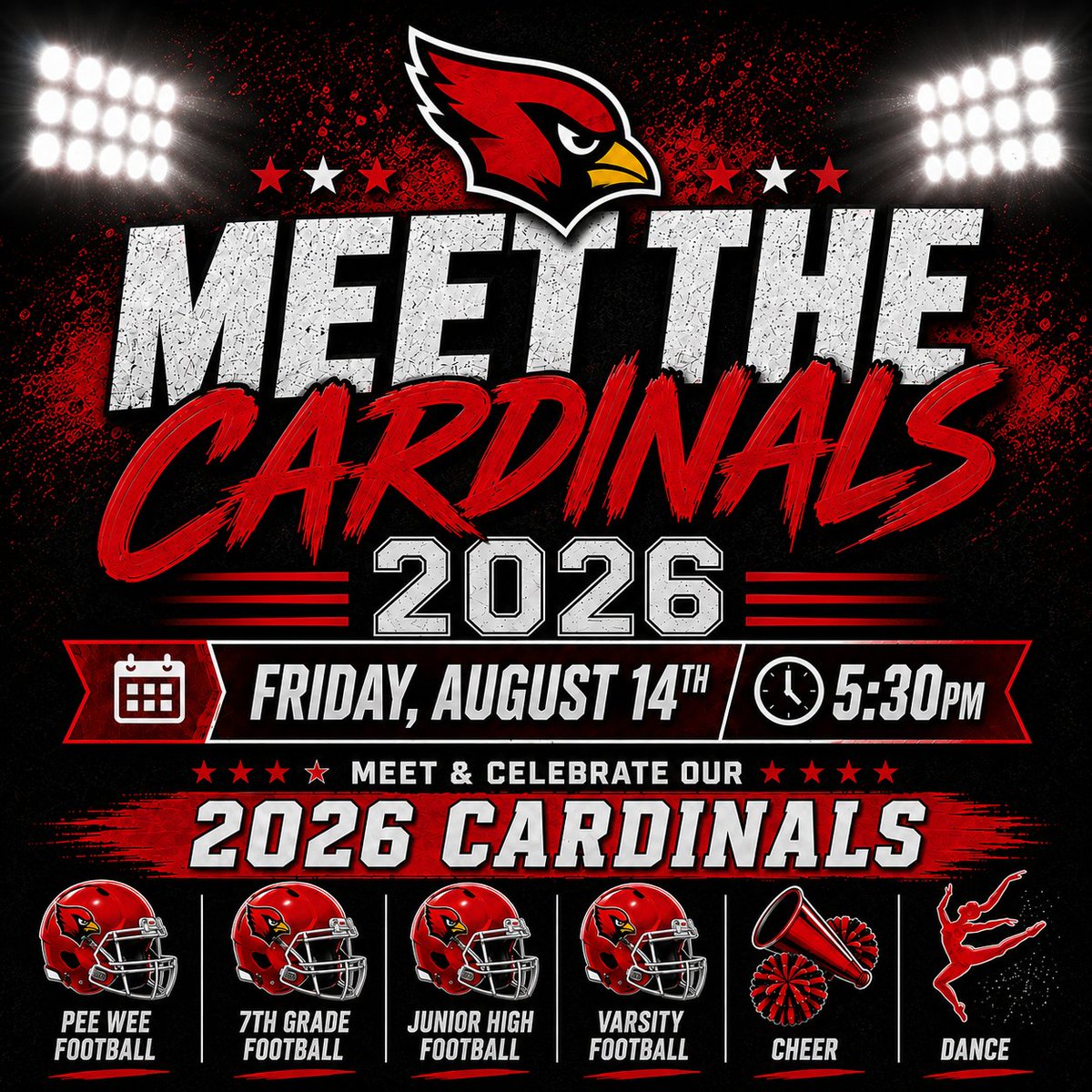 FarmCardsFB's tweet photo. Meet the Cardinals returns Friday August 14th at 5:30pm at Cardinal Stadium. Come out and support the pee wee through varsity football, cheer, and dance teams! https://t.co/FBi17d6cz7