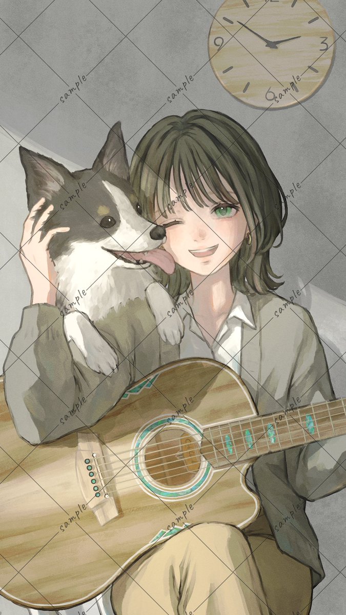 hasu_king06's tweet photo. 素敵なイラストをありがとうございます✨

私の好きな犬とギター、そして時計！
この3つは入れたくてこだわりました❕

こんな私ですが、是非これからも仲良くしていただけると嬉しいです🍀 https://t.co/sgeTd0L4E9