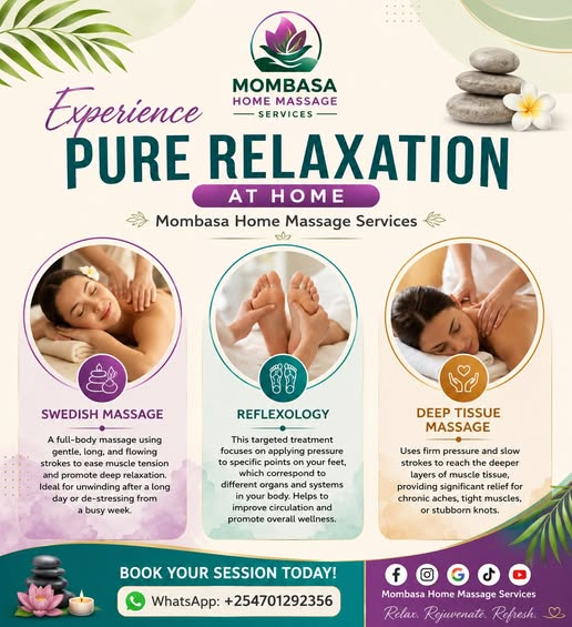 msatomedia's tweet photo. Experience Pure Relaxation at Home!
Bring the spa experience directly to your doorstep.
📷 Our Services
      Swedish Massage 
       Reflexology 
       Deep Tissue Massage 
📷 Relax. Rejuvenate. Refresh.
📷 Book your session today:
WhatsApp +254 701 292 356 https://t.co/3QjfNLzz5t