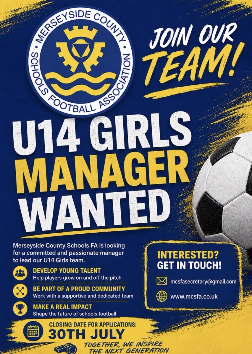 Merseyside1974's tweet photo. Due to our County Team Manager coming to the end of a 3-year tenure, we’re inviting interest to lead our u14s girls’ team. 

Ideally you’ll have UEFA B &amp; a track record of leading &amp; developing players &amp; staff.

Please email mcsfasecretary@gmail.com for an application pack. https://t.co/1NTJnHOJGX