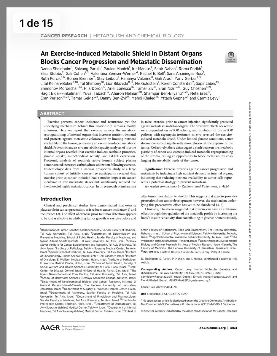 RhenalsMedint's tweet photo. Uno de los mecanismos que explicarían cómo el ejercicio protege contra el cáncer es el concepto llamado “escudo metabólico inducido por ejercicio”, donde moverse haría que los tejidos compitan ávidamente por la glucosa, generando menos posibilidad de implantaciones metastasicas. https://t.co/RMmCT4AVG9