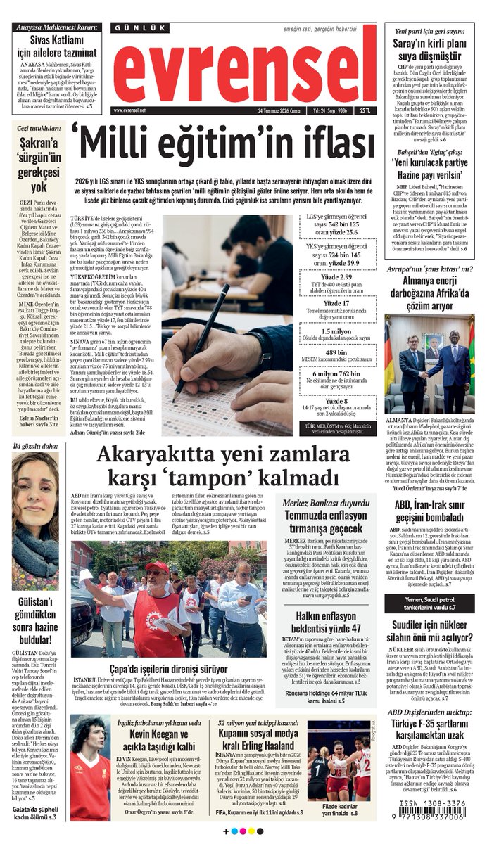 evrenselgzt's tweet photo. 🗞️ ‘Milli eğitim’in iflası

2026 yılı LGS sınavı ile YKS sonuçlarının ortaya çıkardığı tablo, yıllardır başta sermayenin ihtiyaçları olmak üzere dini ve siyasi saiklerle de yazboz tahtasına çevrilen ‘milli eğitim’in çöküşünü gözler önüne seriyor. Hem orta okulda hem de lisede yüz binlerce çocuk eğitimden kopmuş durumda. Ezici çoğunluk ise soruların yarısını bile yanıtlayamıyor.

📌 Evrensel bayilerde