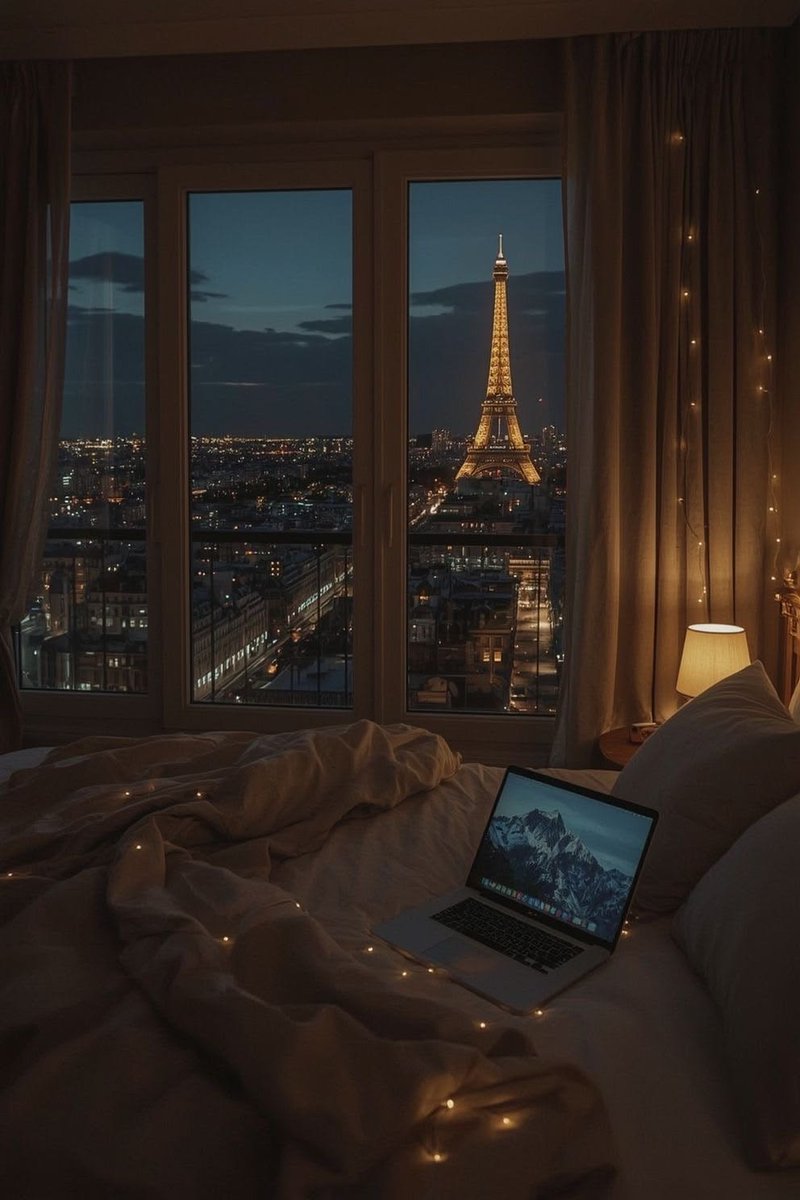 _EchoesOfNature's tweet photo. Paris after dark — city lights outside, warm sheets inside, and the Eiffel Tower glowing through the window. Some nights are made for staying in and admiring the view. ✨🇫🇷 https://t.co/A1ZRz3NM3O