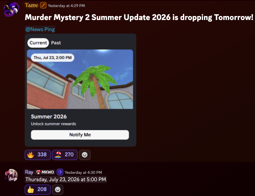MM2Overview's tweet photo. Join the MM2 News Discord Server for LIVE, 24/7 News Coverage (3.5K+ Members)!  

- MM2/Testing/Secret Game Updates
- Dev Stats
- Live Game Tracking
- MM2 Data/Archives 
- Community Chats
- JD Uploads
- News Notifications
- Major/Minor News
- AND MORE!

https://t.co/g1QEyCLRVK https://t.co/SzCvc8oNax