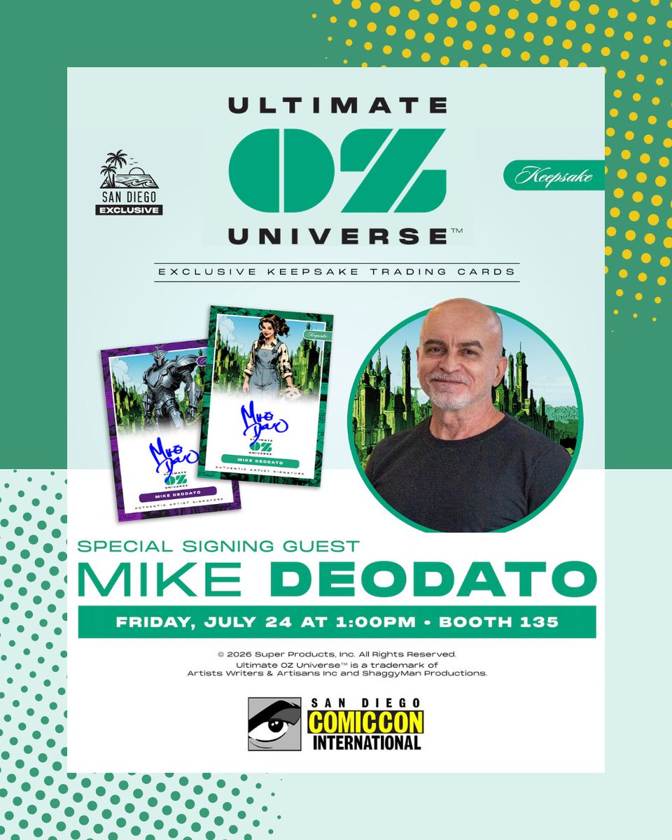 AWA_Studios's tweet photo. MEET MIKE DEODATO AT SDCC 💚

The legendary @mikedeodato is joining @keepsaketradingcards tomorrow — FRIDAY — for an exclusive signing celebrating the first-ever ULTIMATE OZ UNIVERSE trading card collection!

📍 Keepsake Booth #135
📅 Friday, July 24
⏰ 1-2pm 

#SDCC2026 #OZ https://t.co/WHL1alRrRT