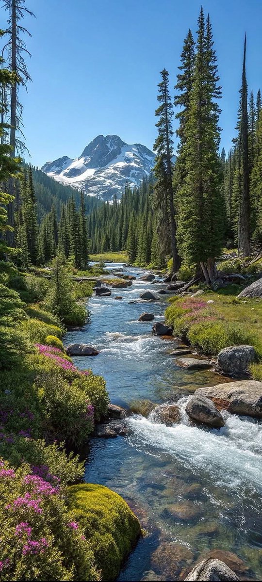 _EchoesOfNature's tweet photo. Where the mountains meet the wild — crystal-clear water rushing through an evergreen forest, alpine wildflowers along the banks, and snow-dusted peaks rising beneath an endless blue sky. Nature in its purest form. 🏔️🌲💧 https://t.co/V6rT3DMIqy