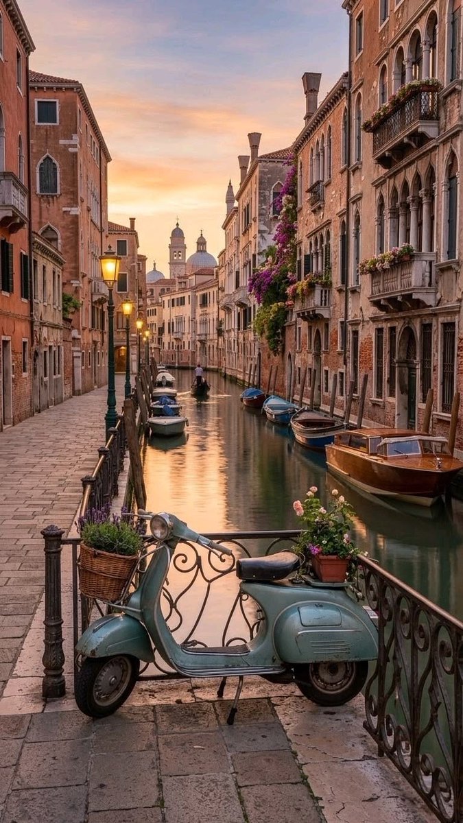 _EchoesOfNature's tweet photo. Venice in the soft glow of sunset — quiet canals reflecting pastel skies, weathered palazzos draped in flowers, and a classic Vespa waiting along the water’s edge. A little slice of timeless Italian romance. 🇮🇹🌅✨ https://t.co/ItTcNdYjXT