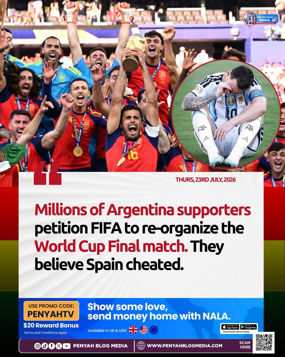 PENYAHMEDIA's tweet photo. Millions of Argentina supporters petition FIFA to re-organize the World Cup Final match. They believe Spain cheated.
💭 what do you think?🤔
#PenyahBlogMedia https://t.co/XHyWe0xtpc