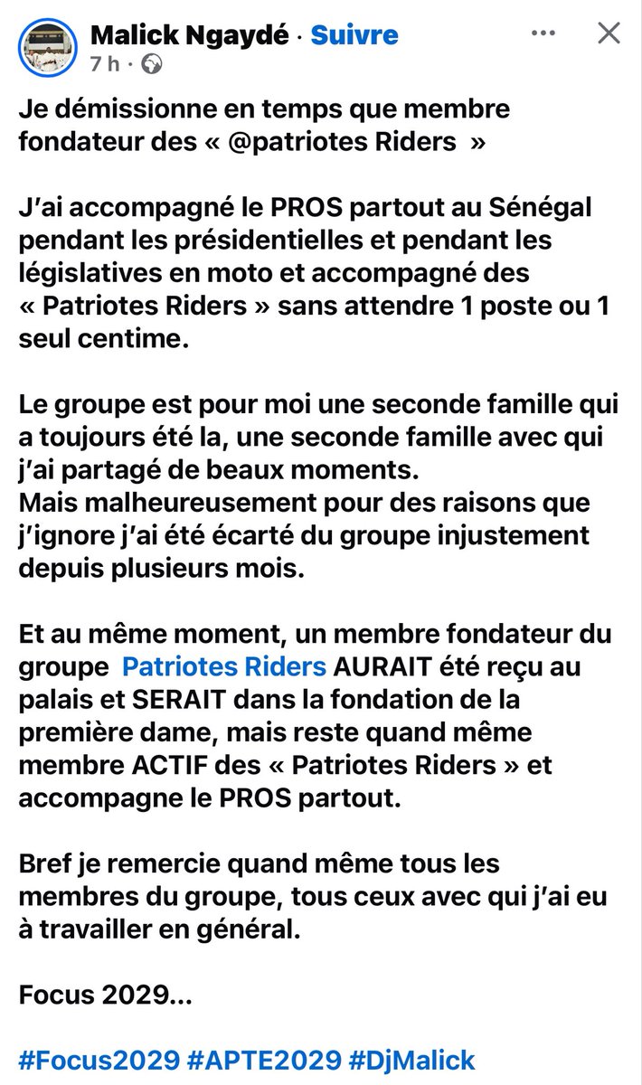 SergeSerigne's tweet photo. Démission du motard Dj Malick membre fondateur des patriotes riders. https://t.co/L6nF92ElcS