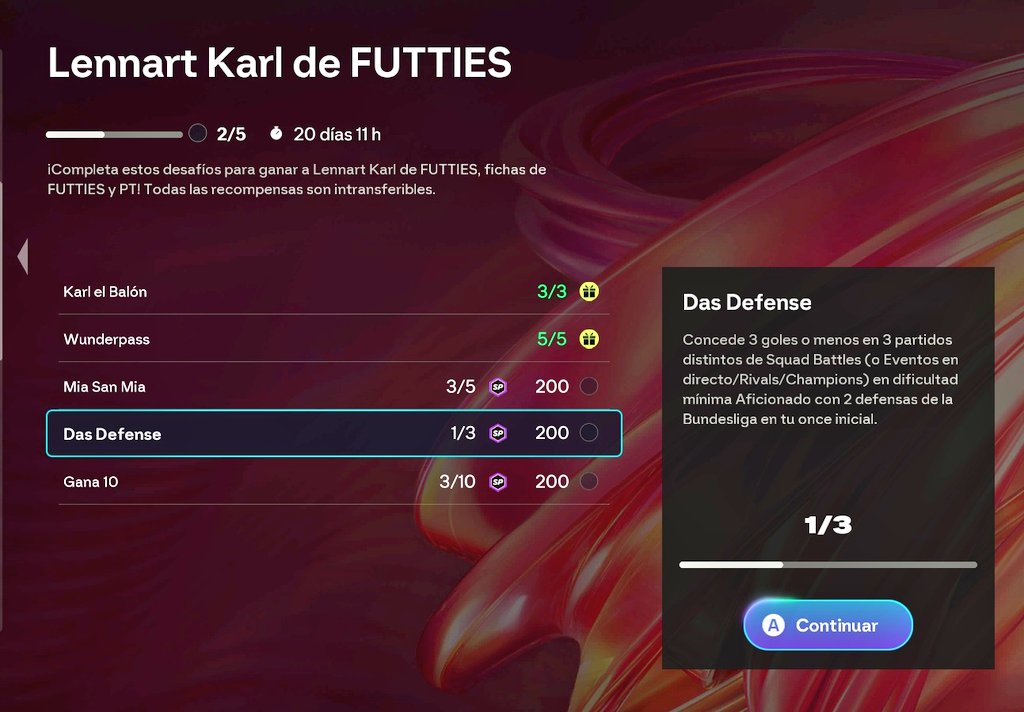 Juan19082's tweet photo. Si estáis haciendo en el FC26, los objetivos para la carta de Lennart Karl FUTTIES.

El objetivo "Das Defense".
Concede 3 goles o menos, en 3 partidos con 2 defensas de la Bundesliga en el once. 

Deben ser de nacionalidad Alemania 🇩🇪, para que cuente.
(Al menos otra no me contó) https://t.co/LtLvalMBXM
