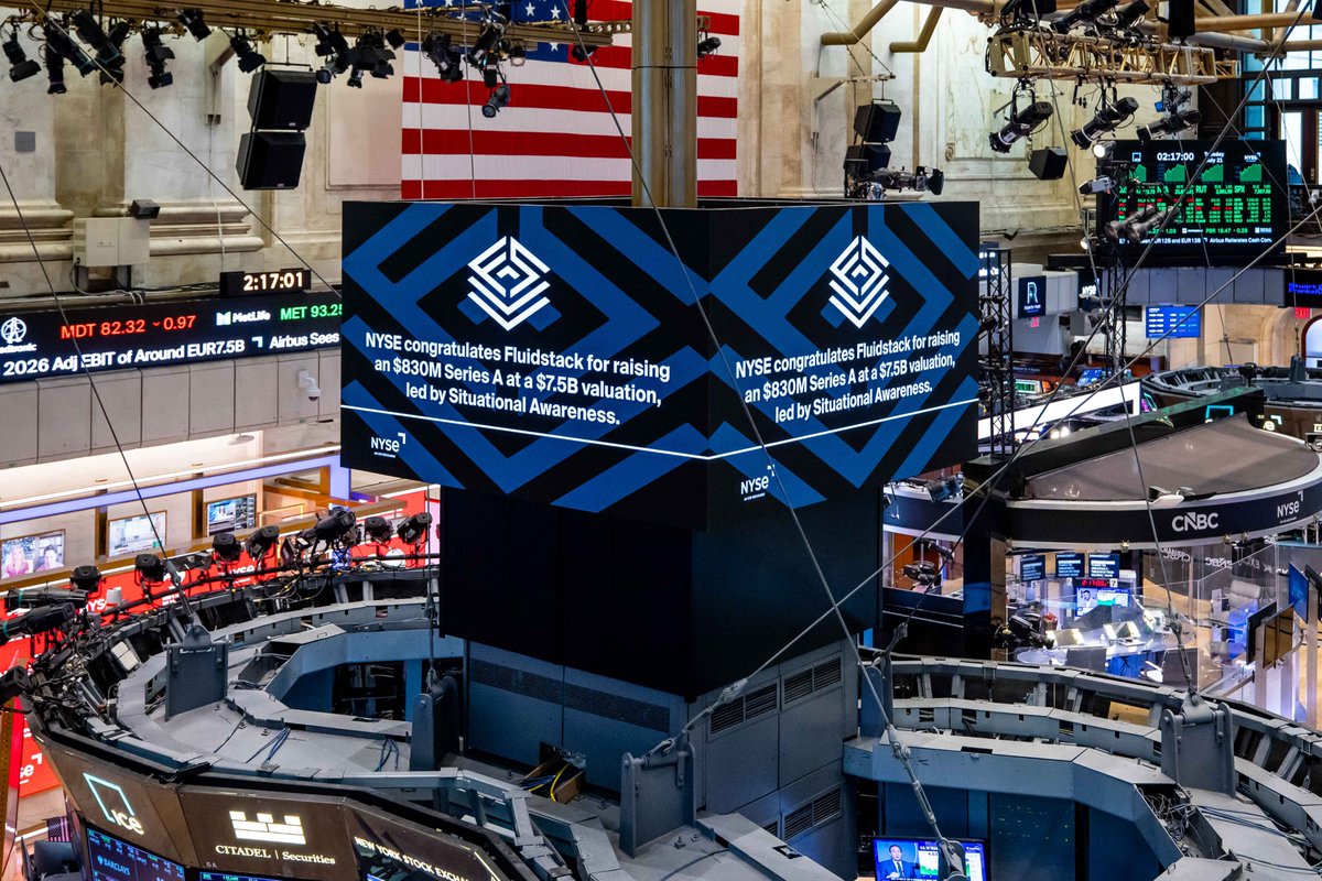 fluidstack's tweet photo. Another one this week: NYSE celebrated Fluidstack's $830M Series A confirmation with a Trading Floor Takeover. Thank you @NYSE.

We're hiring across all departments: https://t.co/gW777NE8ka https://t.co/NlY61pq7X5