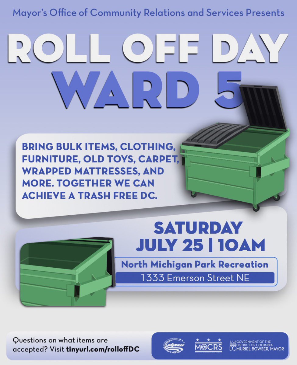DCMOCRS's tweet photo. Join us this weekend, for the Ward 5 Roll Off Day!  📅 Saturday, July 25 🕙 10AM–2PM  📍 1333 Emerson Street NE  Bring bulk items & clutter for disposal—let’s work together to keep our city clean! 🧹  ⚠️ Please review the list of prohibited items before you come: https://t.co/XZtBNYjxex  #TrashFreeDC #Ward5