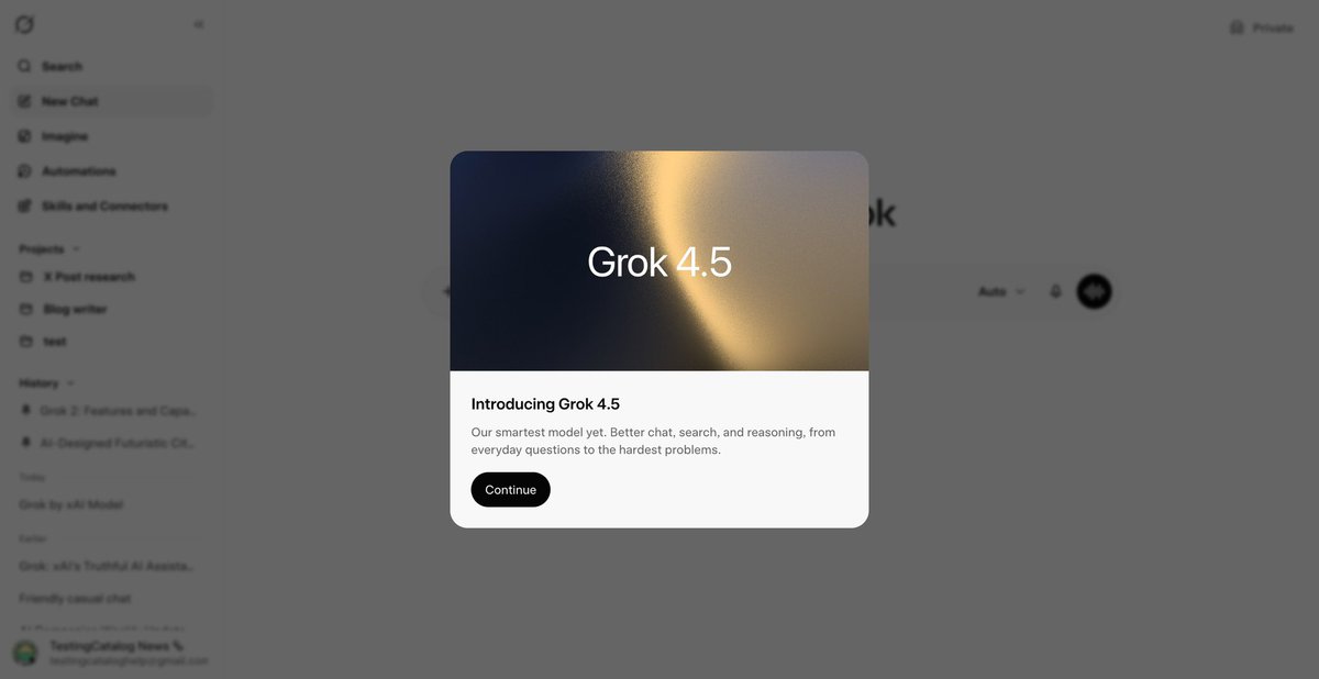testingcatalog's tweet photo. SPACEXAI 🔥: Grok 4.5 is now available on X, Grok web and mobile to all users. 

It is also now possible to see the exact model name again on the model selector! https://t.co/QnvLyihD9c