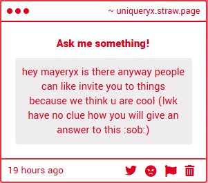 Mayeryx_'s tweet photo. I would love to get invited to stuff, my plan for it was make a discord server, feel free to DM me here lmao.

Horewer at the time im already in a SMP so i think i will have to decline for now (TT)/ Thank you for asking! https://t.co/mUYjlxMYTo