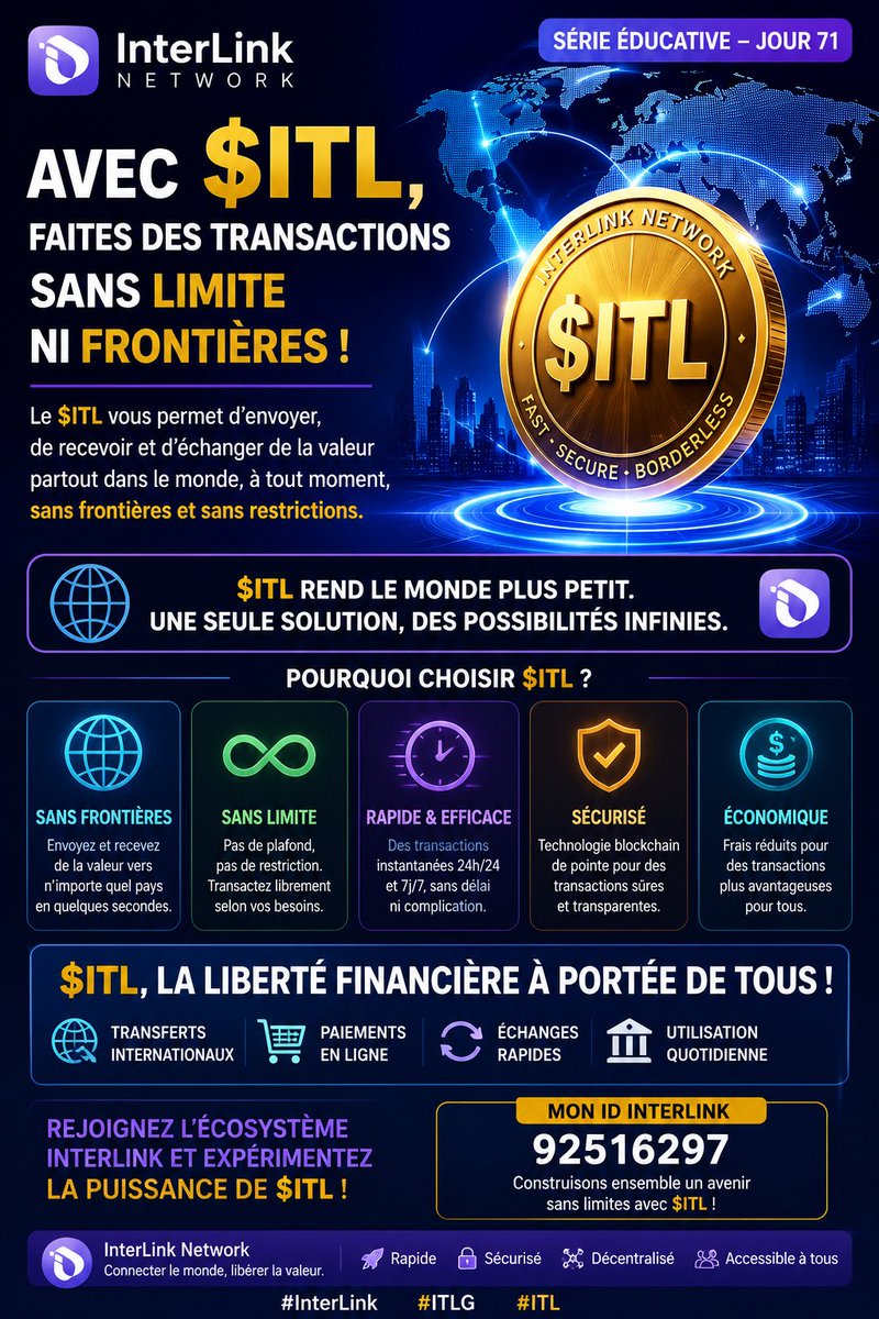 DigitalFor77605's tweet photo. 🌍 Avec $ITL, les frontières ne sont plus un obstacle. Envoyez, recevez et échangez de la valeur rapidement, en toute sécurité et sans limite géographique. L'avenir des paiements est déjà là avec InterLink Network.  $ITL ! 🚀💜
Mon ID InterLink : 92516297
#InterLink #ITLG #ITL https://t.co/VhVWCEtKYM