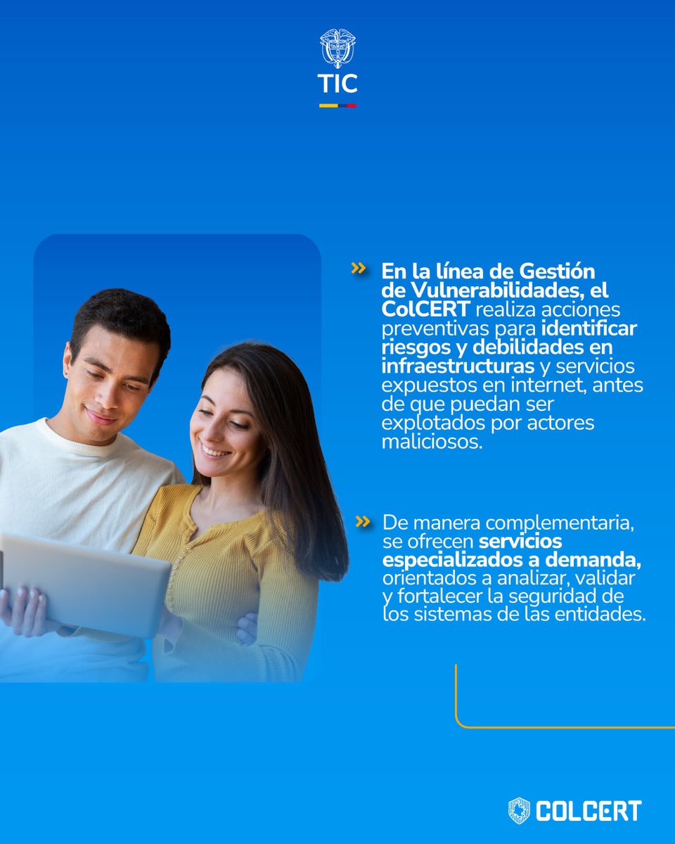 colCERT's tweet photo. 🛑 Cada vulnerabilidad sin atender es una puerta abierta. 🔓Desde #ColCERT acompañamos a entidades y organizaciones con servicios de identificación, análisis y mitigación de vulnerabilidades para reducir riesgos.
⬇️ Te contamos cómo acceder.
#MásPreparados #MinTIC #MásResilientes https://t.co/xIZnpCKfDJ