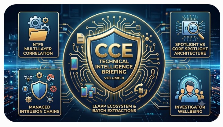 ISFCE's tweet photo. This week in our DFIR Intelligence Briefing for Certified Computer Examiners (Volume 8):  

NTFS Multi-Layer CorrelationSpotlight vs. Core Spotlight ArchitectureLEAPP Automation & Batch Extractions.

This edition analyzes 23 high-density technical articles across 5 distinct tracks:  

Windows Forensics • Going Beneath NTFS: Andrea Fortuna breaks down the correlation of the Master File Table, USN Journal, and $LogFile as three independent audit layers. Most anti-forensic workflows fail to clean all three, making multi-layer correlation essential when evidence destruction is suspected.  

macOS Artifacts • Spotlight Architecture: Research from The Eclectic Light Company distinguishes Spotlight from Core Spotlight at an architectural level. Different diagnostic tools, failure modes, and artifact footprints mean examiners must treat them as separate evidence sources.  

Tooling & Automation • LEAPP Ecosystem: New developments cover Homebrew installation on macOS, Batch LEAPP for processing multiple extractions in parallel, and expanded iLEAPP parsing for retail iOS artifacts.  

Threat Intelligence • Managed Intrusion Chain: The DFIR Report documents a complete attack sequence from SEO-poisoned installers to Bumblebee initial access, AdaptixC2, NTDS.dit dumping, and Akira ransomware deployment.  

Investigator Wellbeing • Psychological Safety: Ben Dimmock shares an operational model for managing cumulative trauma and leading full-time welfare teams within forensic and policing environments.  

Review the full, unfiltered analysis of all 23 items and subscribe: https://t.co/8Wnl85qOnS