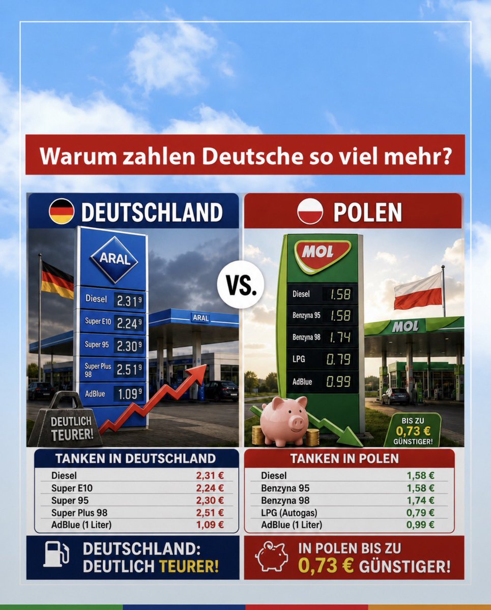 Georg_Pazderski's tweet photo. SIE VERARSCHEN UNS!

KEIN TANKRABATT: Reiche meint, die Kassen seien leer.

In Polen kostet der Liter Diesel 1,58 €, in Deutschland 2,32 € = 0,74 € Differenz.

60% davon sackt der Staat ein, denn er hat nur Geld für „wichtige Dinge“:

🇺🇦 ~96 Mrd. für die Ukraine
🇺🇦 ~26 Mrd. NATO-Anteil Ukraine
🌍 ~25 Mrd. für Migranten
🌍 ~26 Mrd. Entwicklungshilfe
🇪🇺 ~21 Mrd. EU-Nettobeitrag
🛑 ~ 2,5 Mrd. NGOs
💶 …