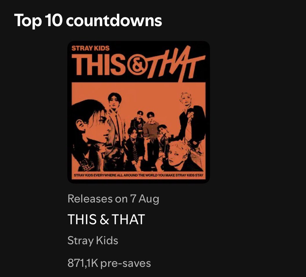 skzchartdata's tweet photo. Global Countdowns Chart on Spotify | D-14

#3 (=) "THIS &amp; THAT" —  871.1K pre-saves (+9.1K)  

Release 2026.08.07 (FRI)

14 days until release 🚨 Keep sharing and pre-saving the album!

#THIS_AND_THAT #RUN_IT
@Stray_Kids #StrayKids https://t.co/Fc5DTXFt1t